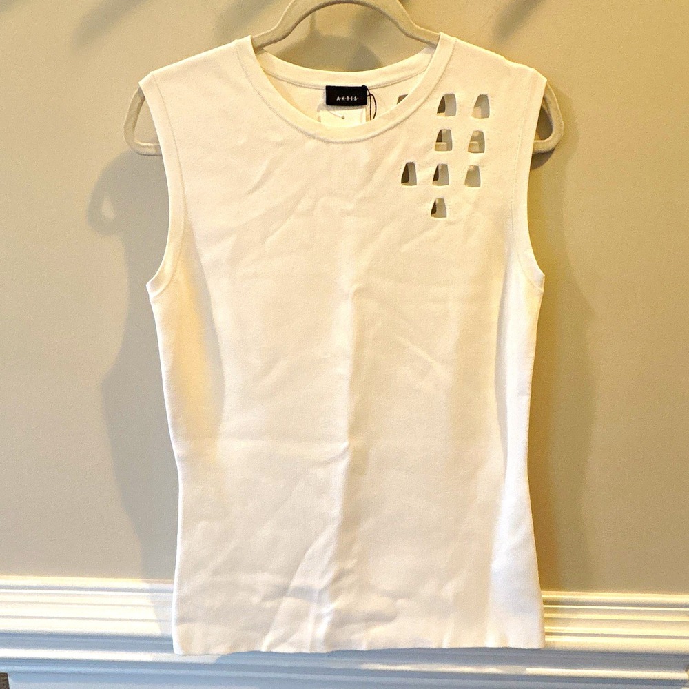 Akris Sleeveless Crew Neck Cut-Out Knit Tank Top White Sz 10